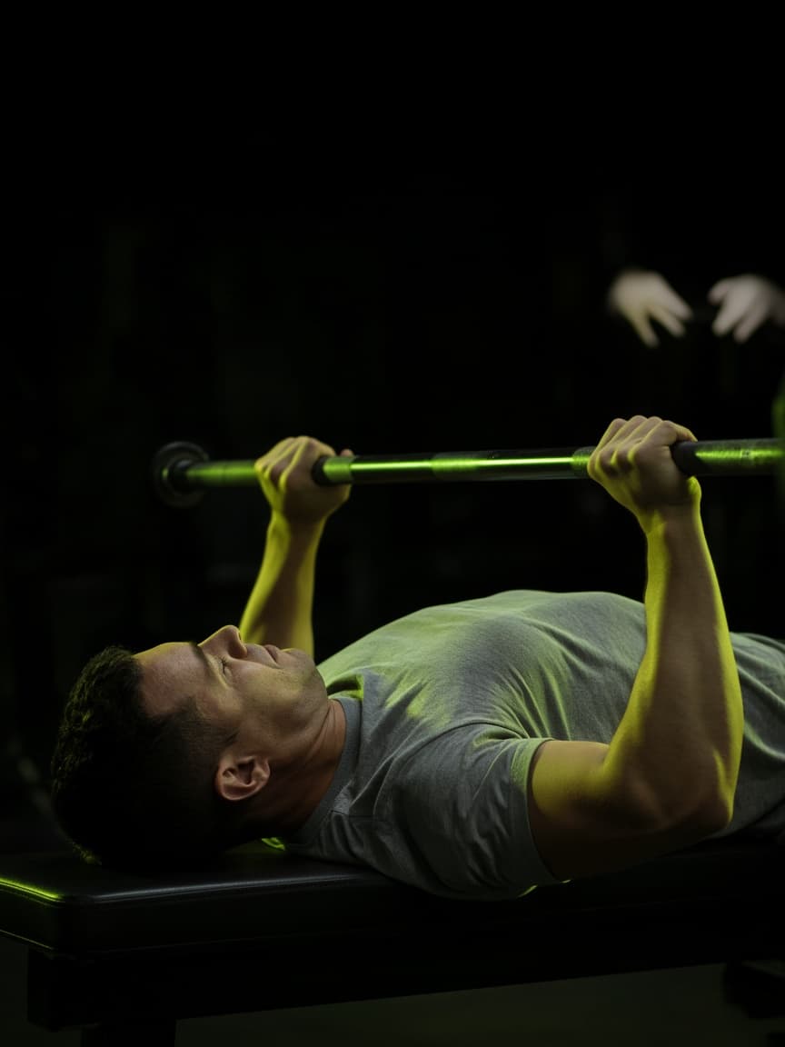 A barbell bench press in a dark gym