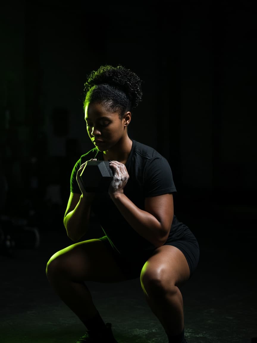 A goblet squat under a lime gym light