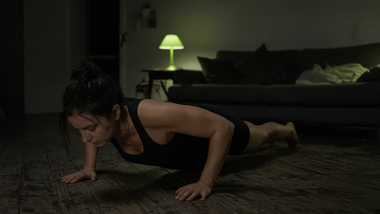 A push-up on a living room floor