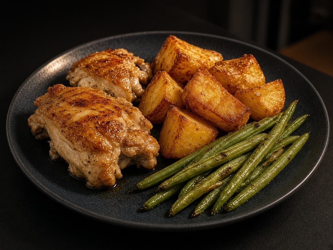 Roast chicken, potatoes, and green beans